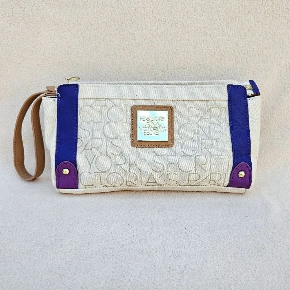 Victoria's Secret Purple and Cream Canvas Cosmetic Bag